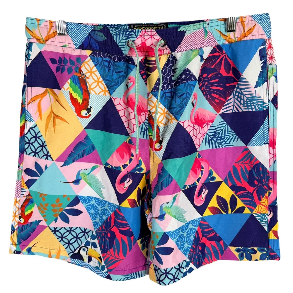 Surf Society Swim Trunks Mens Medium Multicolor Tropical Flamingo Geometric 7 in